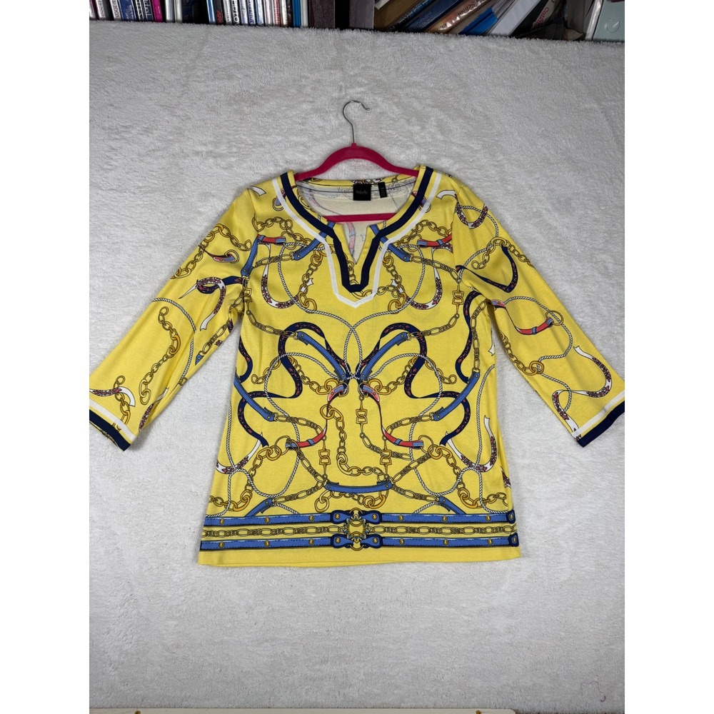 Rafaella Tunic Top Women Large Yellow 3/4 Sleeve Cotton Chain Print nautical